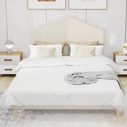 Okwish Lit Double 160x200 cm - Lit Adulte Style Moderne avec Tête de Lit Confortable, en Tissu Beige, Sans Matelas