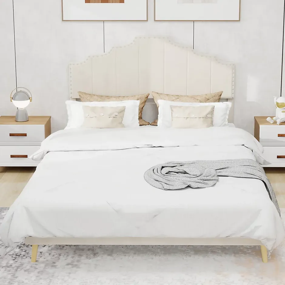Okwish Lit Double 160x200 cm - Lit Adulte Style Moderne avec Tête de Lit Confortable, en Tissu Beige, Sans Matelas