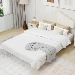 Okwish Lit Double 160x200 cm - Lit Adulte Style Moderne avec Tête de Lit Confortable, en Tissu Beige, Sans Matelas