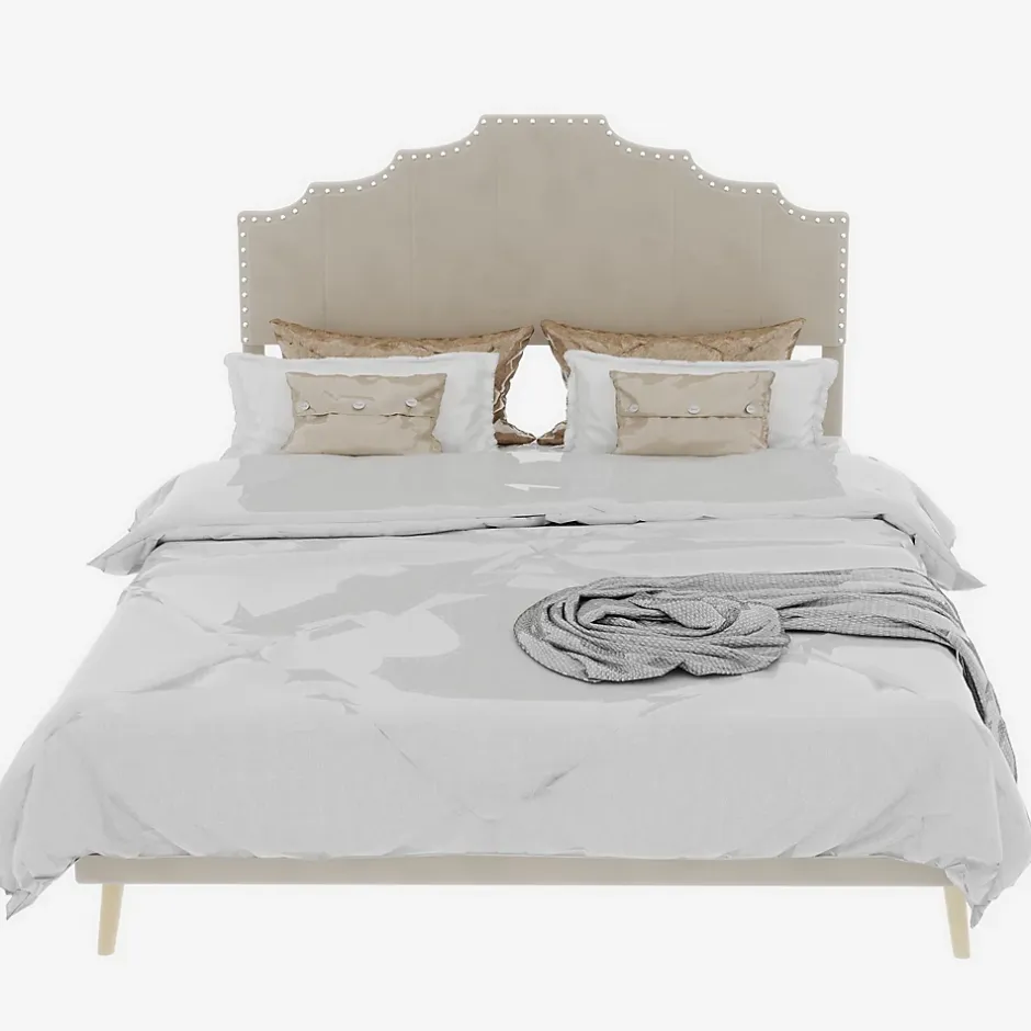 Okwish Lit Double 160x200 cm - Lit Adulte Style Moderne avec Tête de Lit Confortable, en Tissu Beige, Sans Matelas