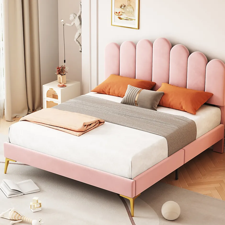 Okwish Lit Double 140x200 cm - Lit avec Tête de Lit et Sommier À Lattes, Sans Matelas, en Velours Rose