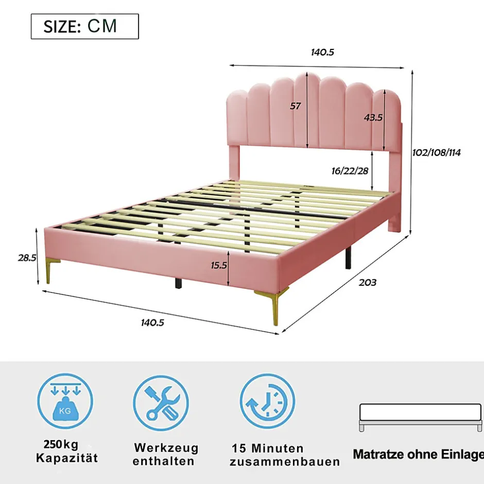 Okwish Lit Double 140x200 cm - Lit avec Tête de Lit et Sommier À Lattes, Sans Matelas, en Velours Rose