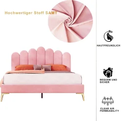 Okwish Lit Double 140x200 cm - Lit avec Tête de Lit et Sommier À Lattes, Sans Matelas, en Velours Rose