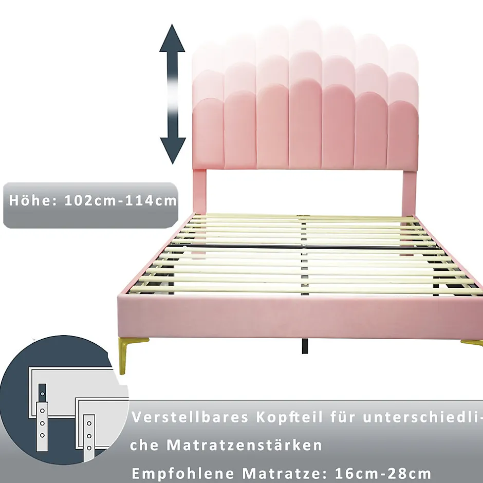 Okwish Lit Double 140x200 cm - Lit avec Tête de Lit et Sommier À Lattes, Sans Matelas, en Velours Rose
