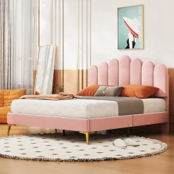 Okwish Lit Double 140x200 cm - Lit avec Tête de Lit et Sommier À Lattes, Sans Matelas, en Velours Rose