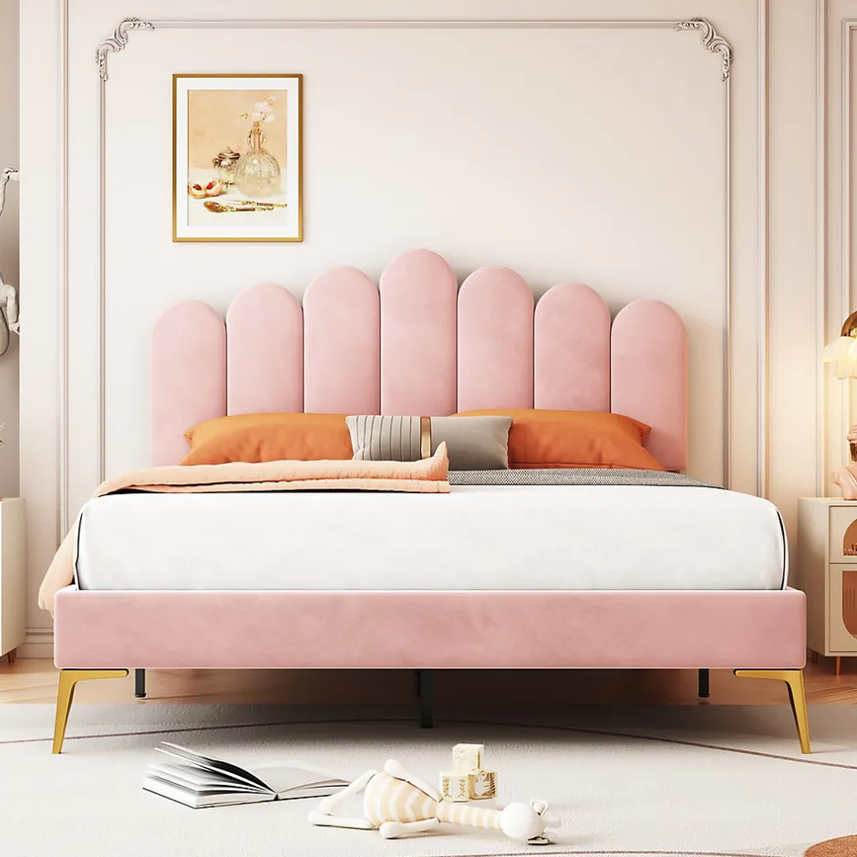 Okwish Lit Double 140x200 cm - Lit avec Tête de Lit et Sommier À Lattes, Sans Matelas, en Velours Rose