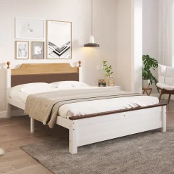 Okwish Lit double 140x200 cm - Lit avec tête et pied de lit - Pin + MDF - Sans matelas - Blanc
