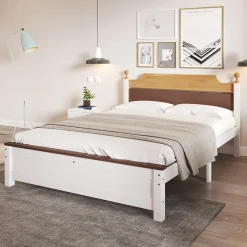 Okwish Lit double 140x200 cm - Lit avec tête et pied de lit - Pin + MDF - Sans matelas - Blanc