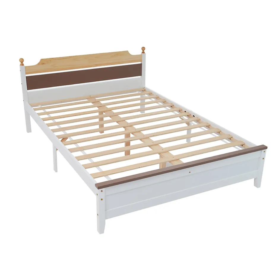 Okwish Lit double 140x200 cm - Lit avec tête et pied de lit - Pin + MDF - Sans matelas - Blanc
