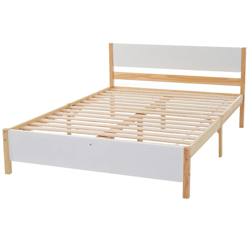Okwish Lit double 140x200 cm - Lit avec tête et pied de lit - Pin + MDF - Sans matelas - Blanc + Naturel New