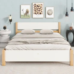 Okwish Lit double 140x200 cm - Lit avec tête et pied de lit - Pin + MDF - Sans matelas - Blanc + Naturel New