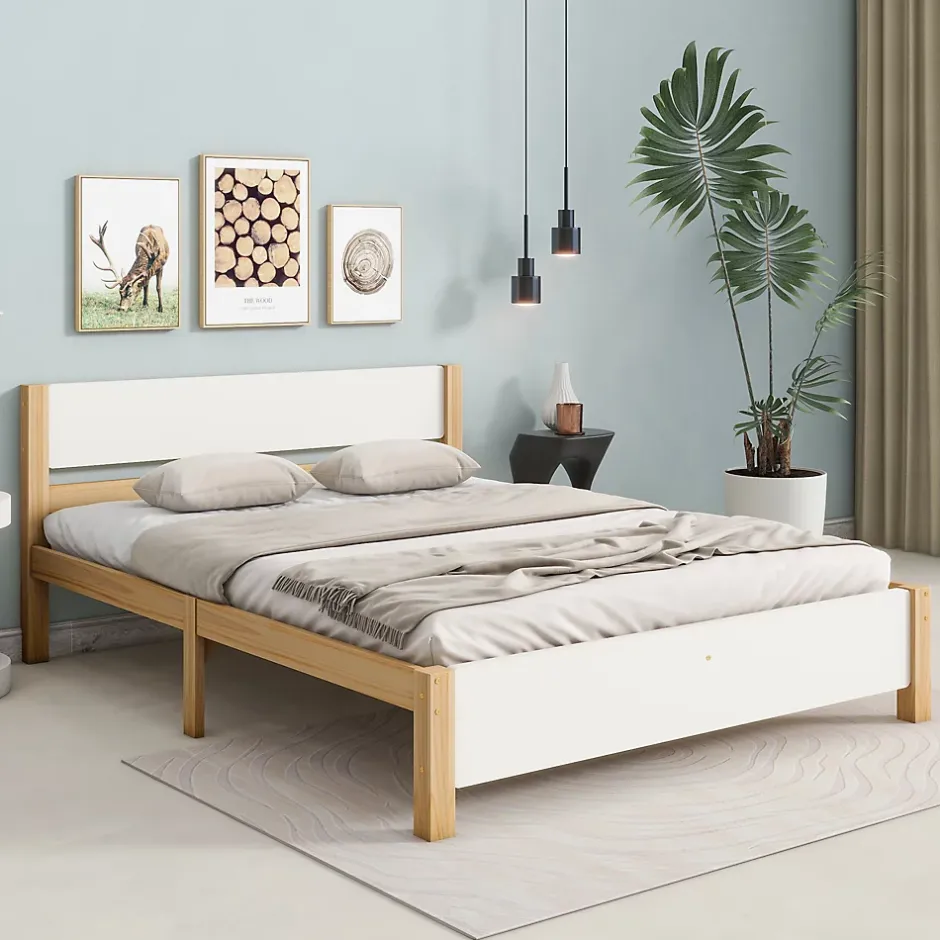 Okwish Lit double 140x200 cm - Lit avec tête et pied de lit - Pin + MDF - Sans matelas - Blanc + Naturel New