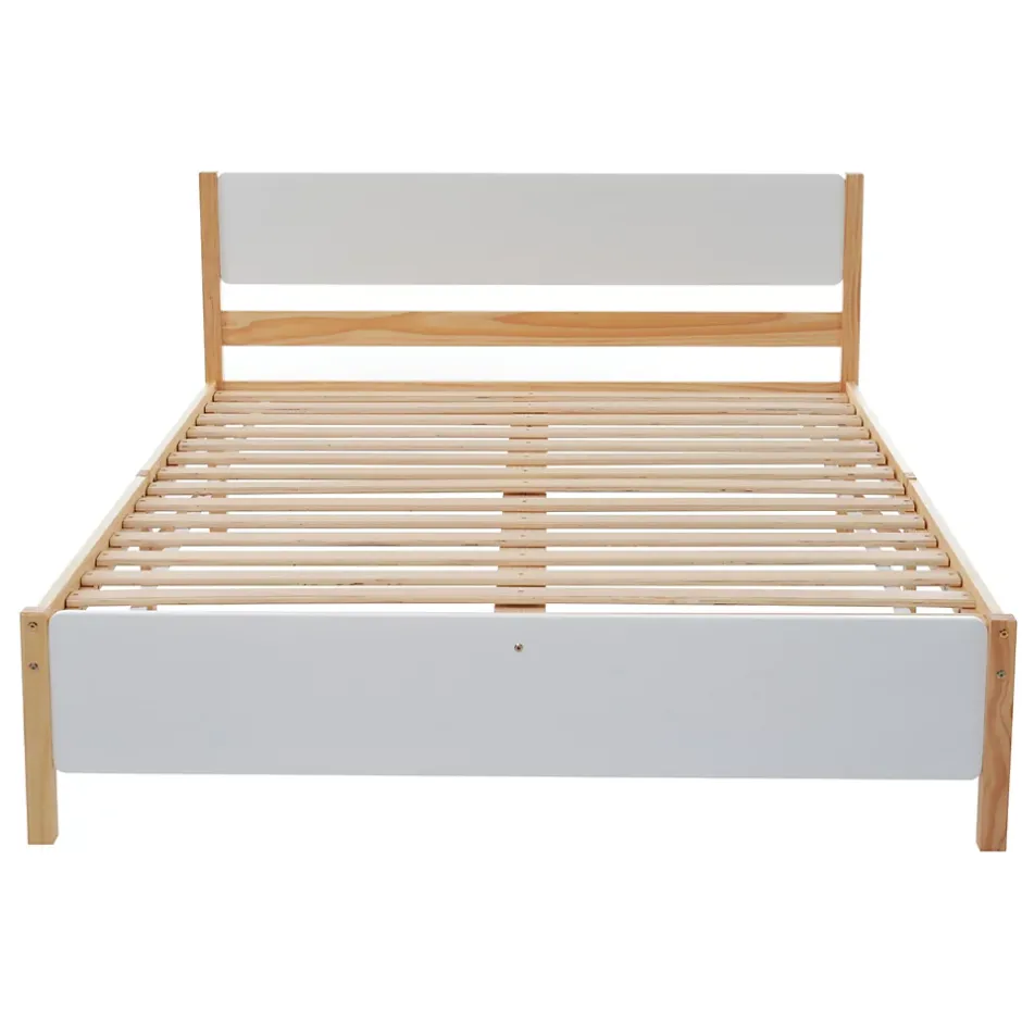 Okwish Lit double 140x200 cm - Lit avec tête et pied de lit - Pin + MDF - Sans matelas - Blanc + Naturel New