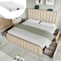 Okwish Lit double 140x200 cm - Lit avec tiroirs et fonction USB Type-C - Lin - Matelas Inclus - Beige