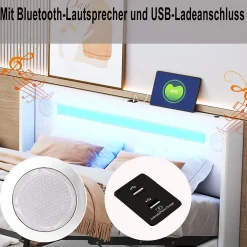 Okwish Lit Double 160x200 cm - Lit avec Éclairage LED, Bluetooth et USB Intégré, Coffre PU, Sans Matelas, Blanc Best
