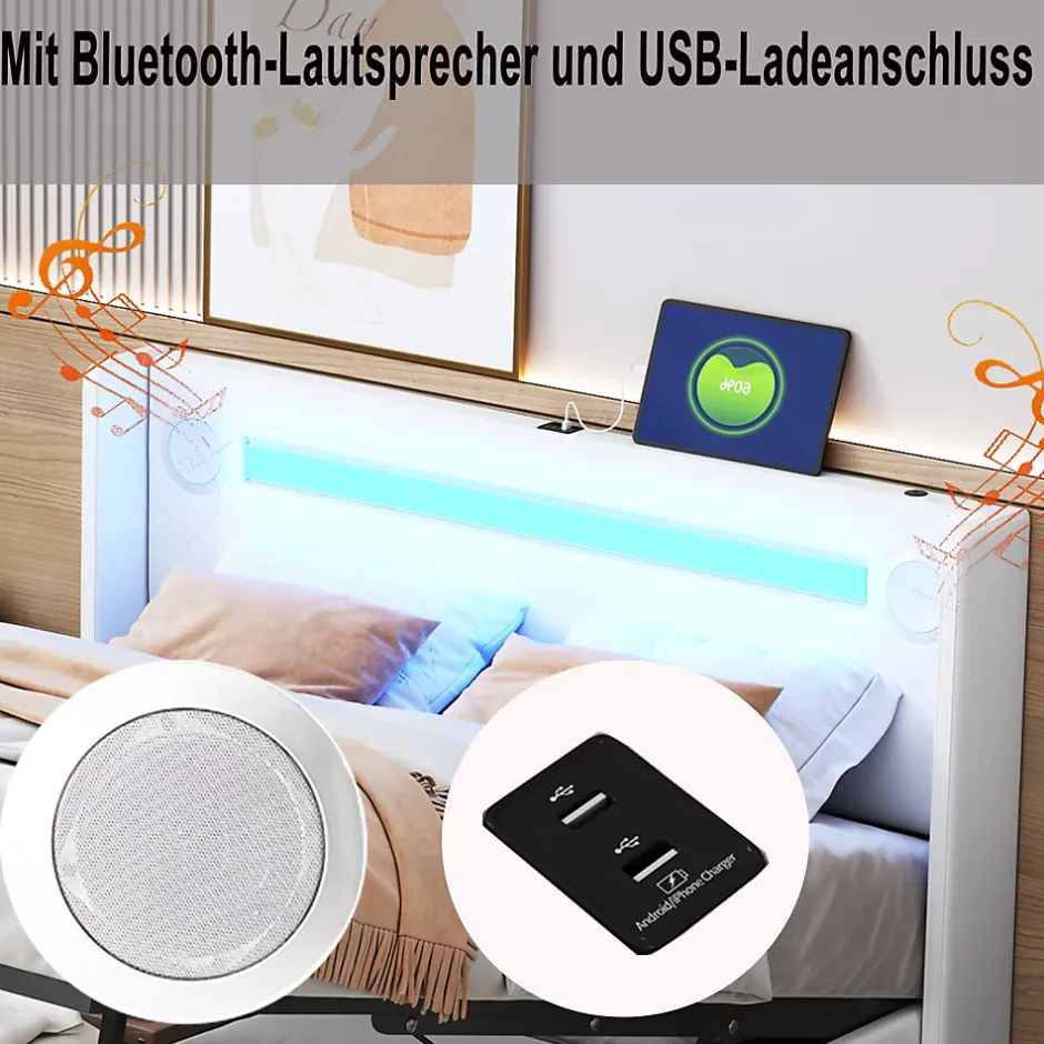 Okwish Lit Double 160x200 cm - Lit avec Éclairage LED, Bluetooth et USB Intégré, Coffre PU, Sans Matelas, Blanc Best