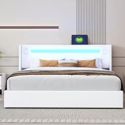 Okwish Lit Double 160x200 cm - Lit avec Éclairage LED, Bluetooth et USB Intégré, Coffre PU, Sans Matelas, Blanc Best