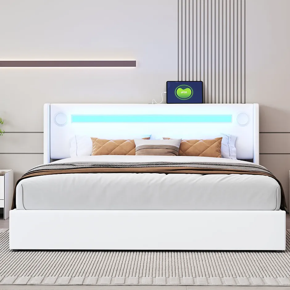 Okwish Lit Double 160x200 cm - Lit avec Éclairage LED, Bluetooth et USB Intégré, Coffre PU, Sans Matelas, Blanc Best