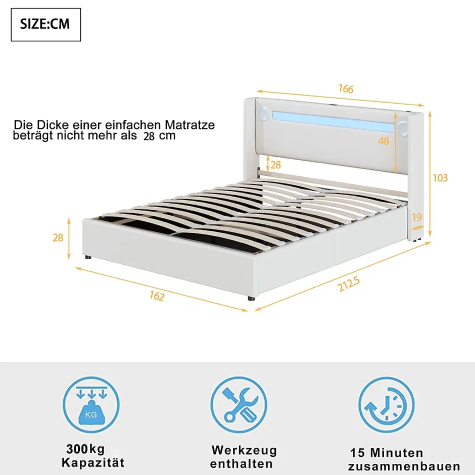 Okwish Lit Double 160x200 cm - Lit avec Éclairage LED, Bluetooth et USB Intégré, Coffre PU, Sans Matelas, Blanc Best