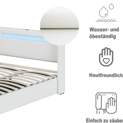 Okwish Lit Double 160x200 cm - Lit avec Éclairage LED, Bluetooth et USB Intégré, Coffre PU, Sans Matelas, Blanc Best