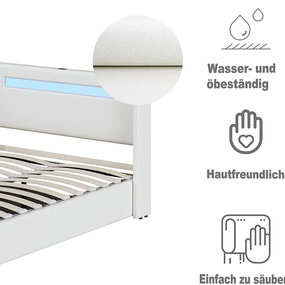 Okwish Lit Double 160x200 cm - Lit avec Éclairage LED, Bluetooth et USB Intégré, Coffre PU, Sans Matelas, Blanc Best