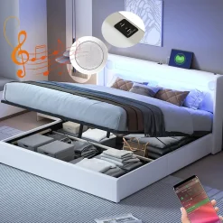 Okwish Lit Double 160x200 cm - Lit avec Éclairage LED, Bluetooth et USB Intégré, Coffre PU, Sans Matelas, Blanc Best