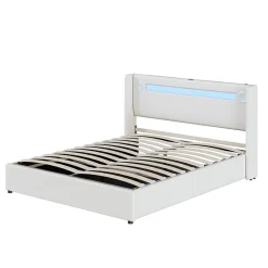 Okwish Lit Double 160x200 cm - Lit avec Éclairage LED, Bluetooth et USB Intégré, Coffre PU, Sans Matelas, Blanc Best