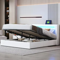 Okwish Lit Double 160x200 cm - Lit avec Éclairage LED, Bluetooth et USB Intégré, Coffre PU, Sans Matelas, Blanc Best