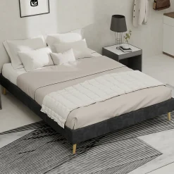 Okwish Lit Double 140x200 cm - Lit Bas Contemporain Adulte et Ado, Cadre Minimaliste et Robuste, Sans Tête de Lit, Sans Matelas, Gris