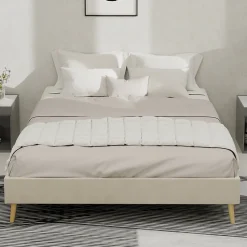 Okwish Lit Double 140x200 cm - Lit Bas Adulte et Ado, Design Minimaliste pour Chambre Moderne, Sans Matelas, Beige