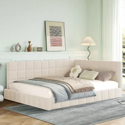 Okwish Lit Double 140x200 cm - Lit Canapé enfant, Structure Robuste avec Velours Doux au Toucher, Sans Matelas - Beige Discount