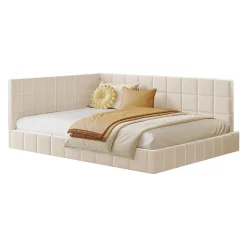 Okwish Lit Double 140x200 cm - Lit Canapé enfant, Structure Robuste avec Velours Doux au Toucher, Sans Matelas - Beige Discount