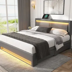 Okwish Lit Double 140x190 cm - Lit Capitonné PU avec Rangement et Éclairage LED Intégré - Gris - Sans Matelas
