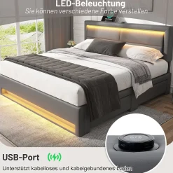 Okwish Lit Double 140x190 cm - Lit Capitonné PU avec Rangement et Éclairage LED Intégré - Gris - Sans Matelas