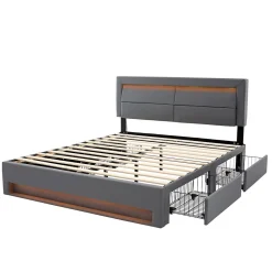 Okwish Lit Double 140x190 cm - Lit Capitonné PU avec Rangement et Éclairage LED Intégré - Gris - Sans Matelas