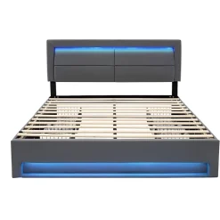 Okwish Lit Double 140x190 cm - Lit Capitonné PU avec Rangement et Éclairage LED Intégré - Gris - Sans Matelas