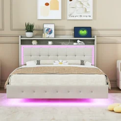 Okwish Lit Double 140x200 cm - Lit capitonné Adulte avec LED Intégrée et Port USB, Pieds Cachés Lin Beige