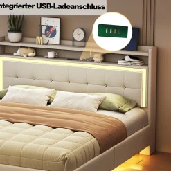 Okwish Lit Double 140x200 cm - Lit capitonné Adulte avec LED Intégrée et Port USB, Pieds Cachés Lin Beige