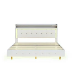 Okwish Lit Double 140x200 cm - Lit capitonné Adulte avec LED Intégrée et Port USB, Pieds Cachés Lin Beige