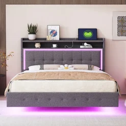 Okwish Lit Double 140x200 cm - Lit capitonné Adulte avec LED Intégrée et Port USB, Pieds Cachés Lin Gris