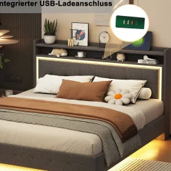 Okwish Lit Double 140x200 cm - Lit capitonné Adulte avec LED Intégrée et Port USB, Pieds Cachés Lin Gris
