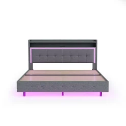Okwish Lit Double 140x200 cm - Lit capitonné Adulte avec LED Intégrée et Port USB, Pieds Cachés Lin Gris