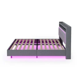 Okwish Lit Double 140x200 cm - Lit capitonné Adulte avec LED Intégrée et Port USB, Pieds Cachés Lin Gris