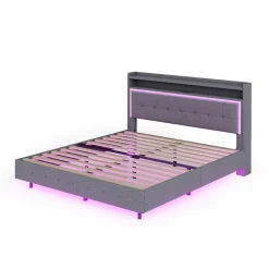 Okwish Lit Double 140x200 cm - Lit capitonné Adulte avec LED Intégrée et Port USB, Pieds Cachés Lin Gris
