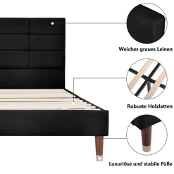 Okwish Lit double 140x200 cm - Lit capitonné avec sommier à lattes - Lin - Sans Matelas - Noir Discount