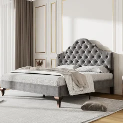 Okwish Lit Double 140x200 cm - Lit Capitonné en Velours avec Tête de Lit Réglable, Sommier à Lattes en Bois, Sans Matelas - Gris