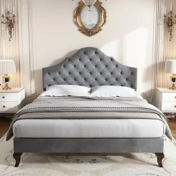 Okwish Lit Double 140x200 cm - Lit Capitonné en Velours avec Tête de Lit Réglable, Sommier à Lattes en Bois, Sans Matelas - Gris