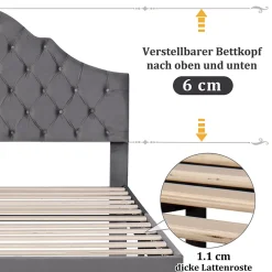 Okwish Lit Double 140x200 cm - Lit Capitonné en Velours avec Tête de Lit Réglable, Sommier à Lattes en Bois, Sans Matelas - Gris