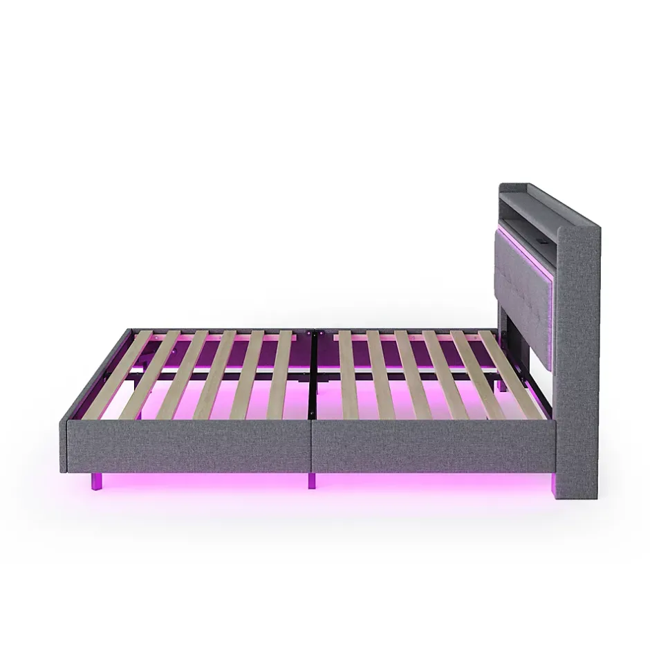 Okwish Lit Double 160x200 cm - Lit capitonné Adulte avec LED Intégrée et Port USB, Pieds Cachés Lin Gris New