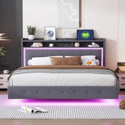 Okwish Lit Double 160x200 cm - Lit capitonné Adulte avec LED Intégrée et Port USB, Pieds Cachés Lin Gris New